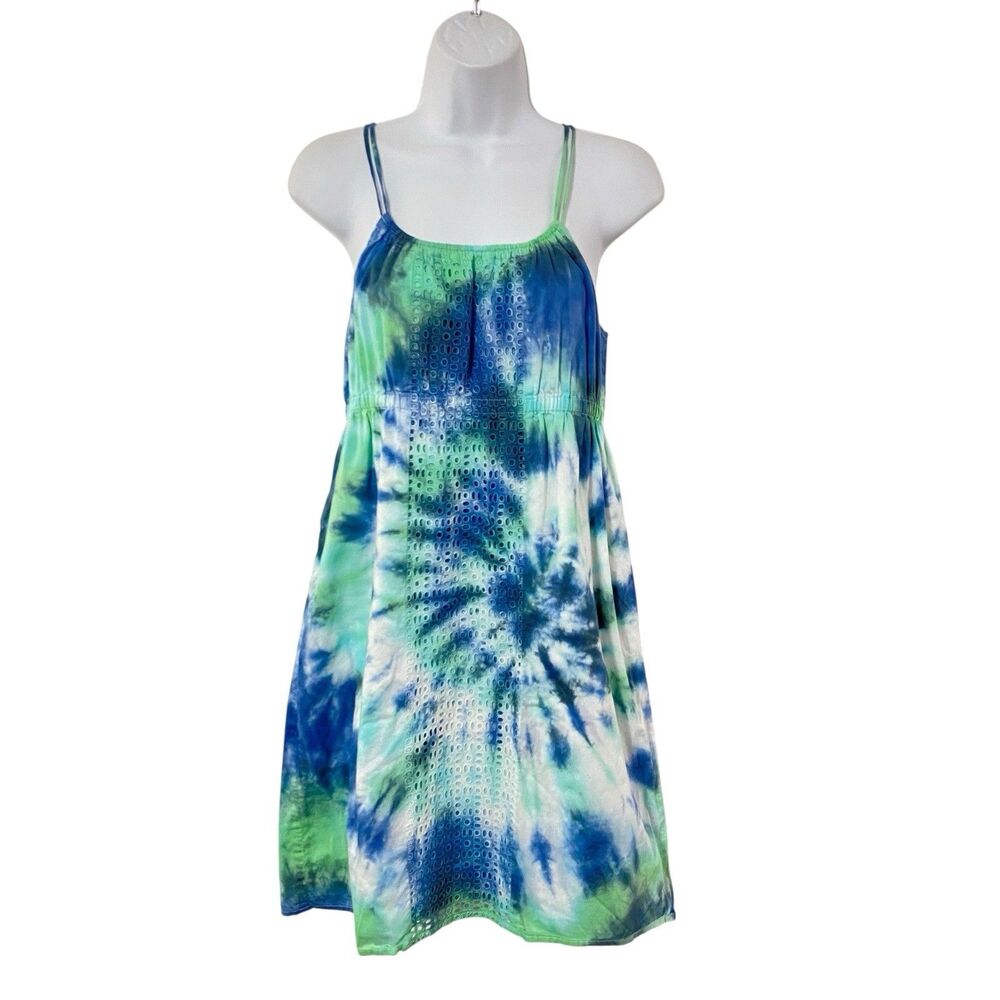 J CREW Cotton EYELET Sundress M Blue Green TIE DYE Lined Dress